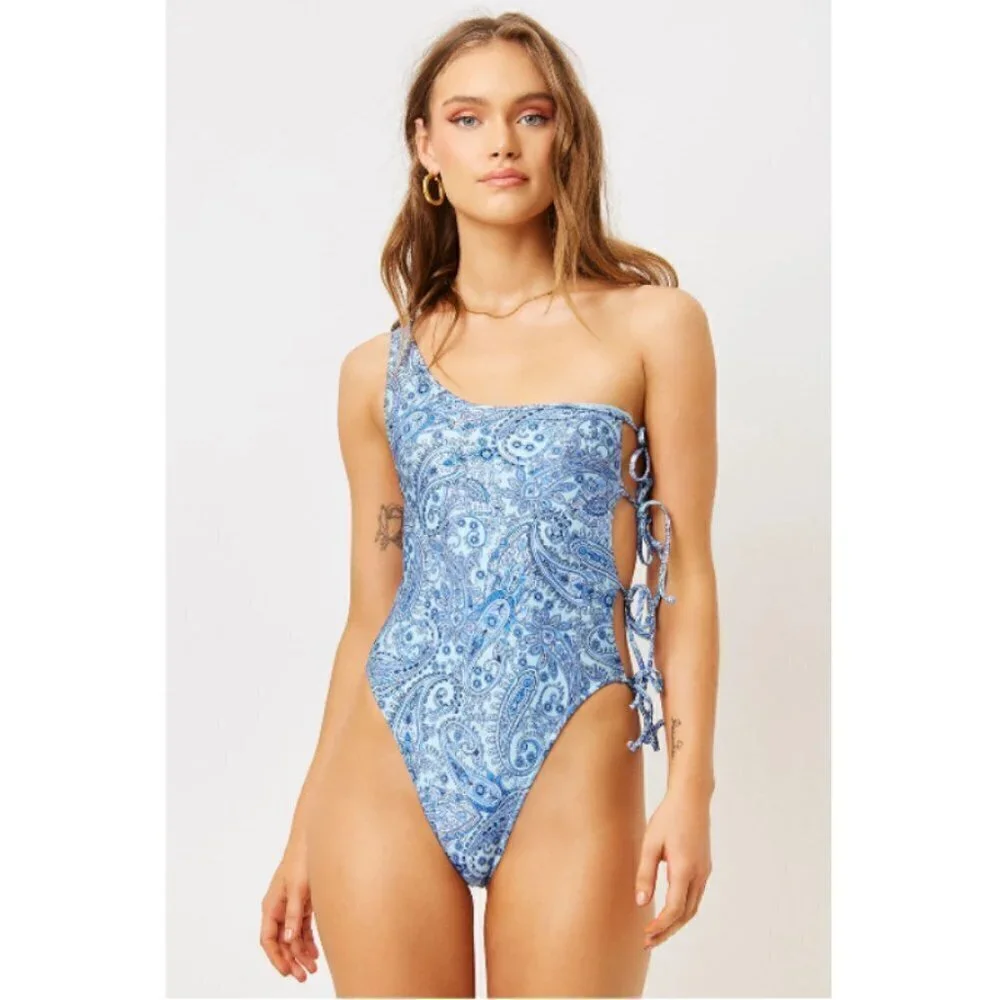 💕FRANKIE'S💕 Honey One Shoulder Cheeky Swimsuit ~ Blue Paisley L Large NWT